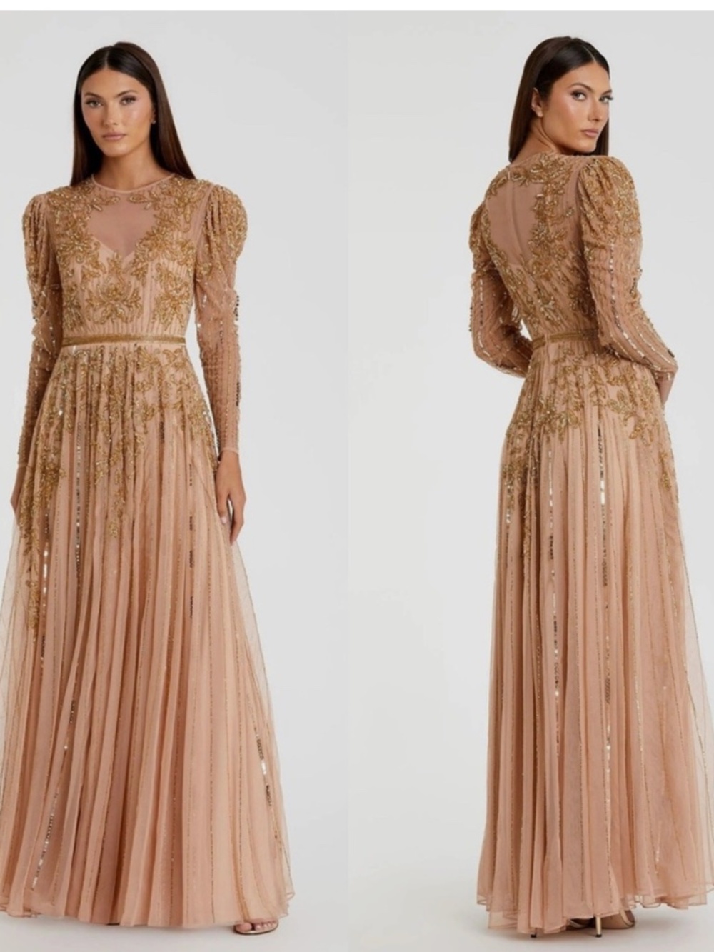 MAC DUGGAL 93638 BEADED ILLUSIONS PUFF SLEEVE GOLD/NUDE GOWN sz 20